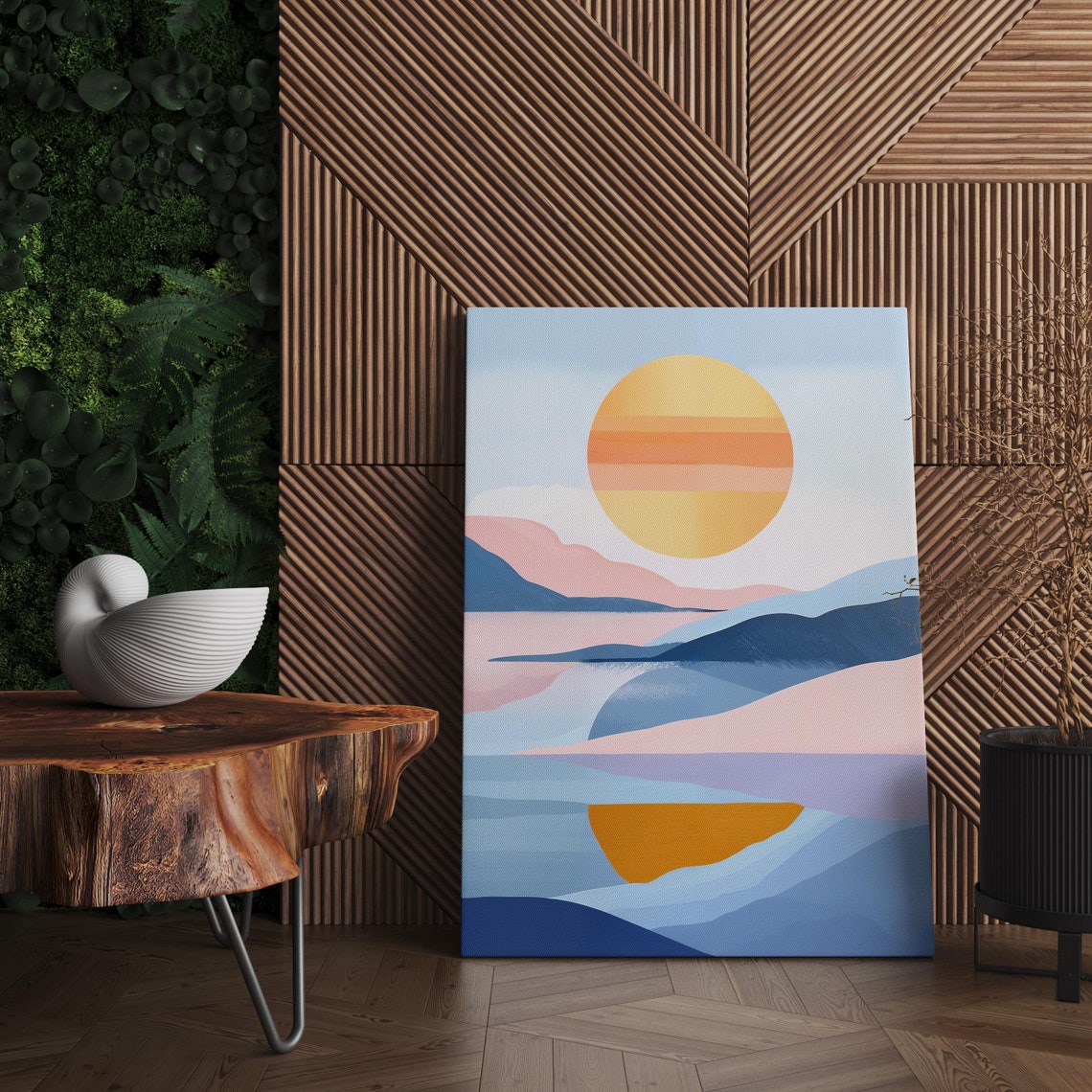 Abstract Sunrise Over Mountains Poster Blue Pink Boho Landscape Art