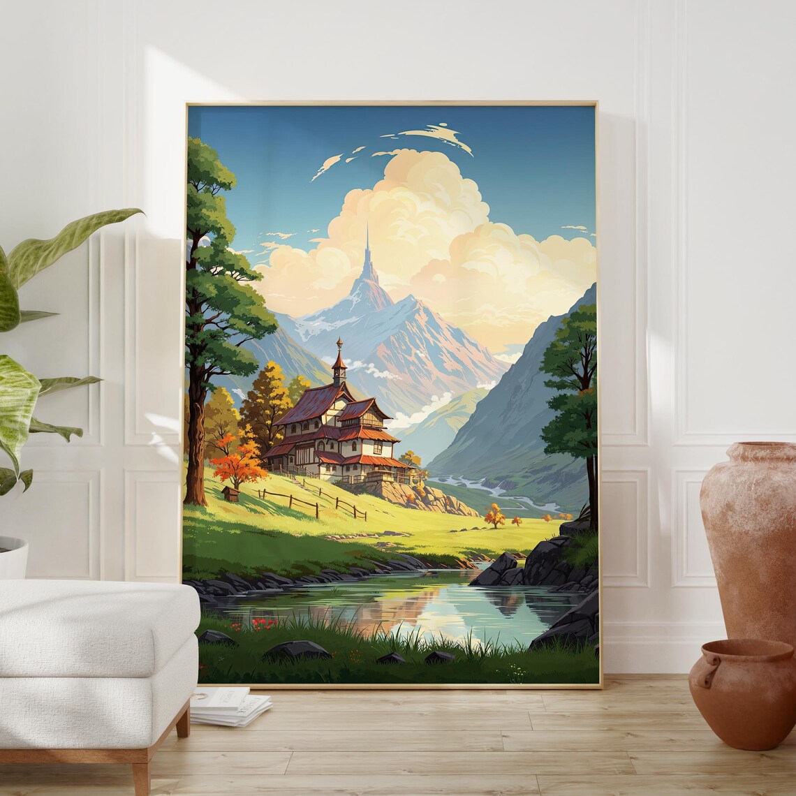Anime Alpine House With Red Roof by a River Beneath Snowy Peaks Poster - Image 3