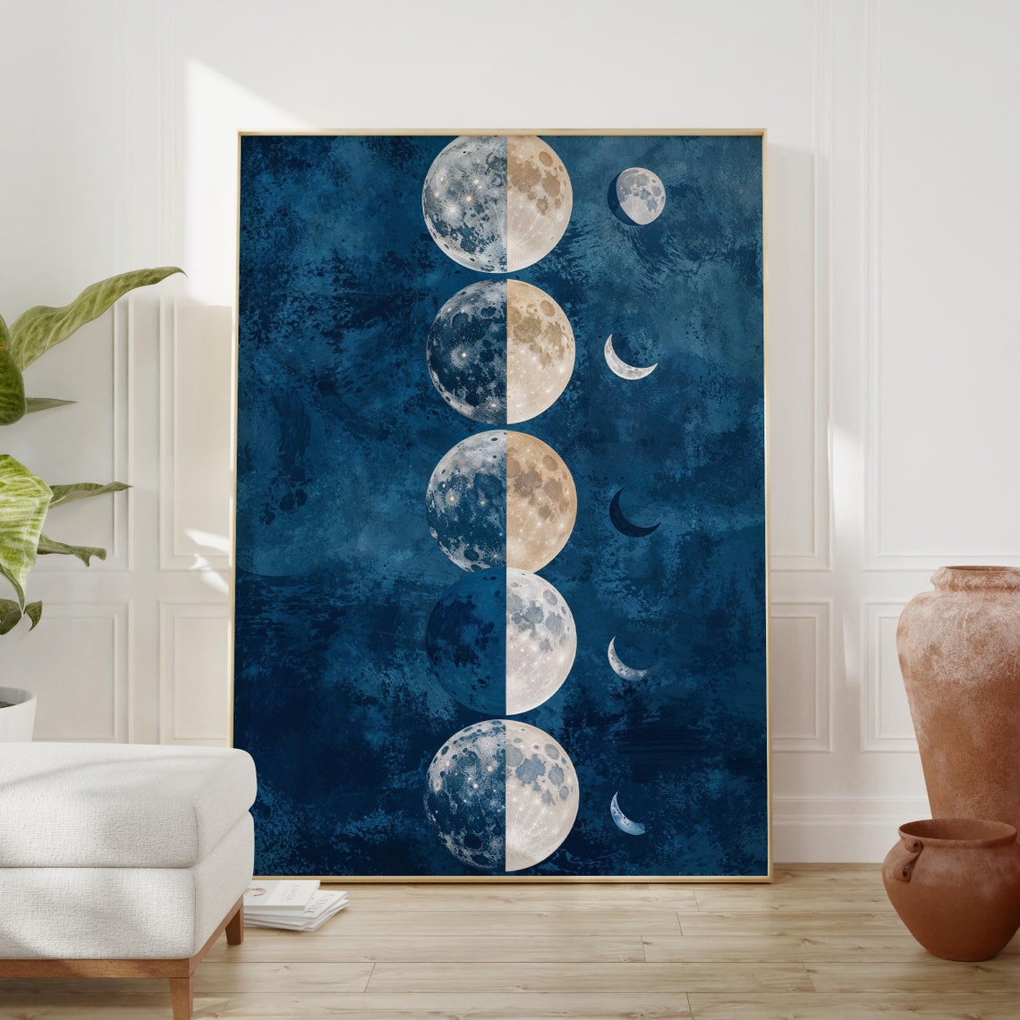 Vertical Moon Phase Chart in Navy Blue With Golden Moons Poster - Image 2