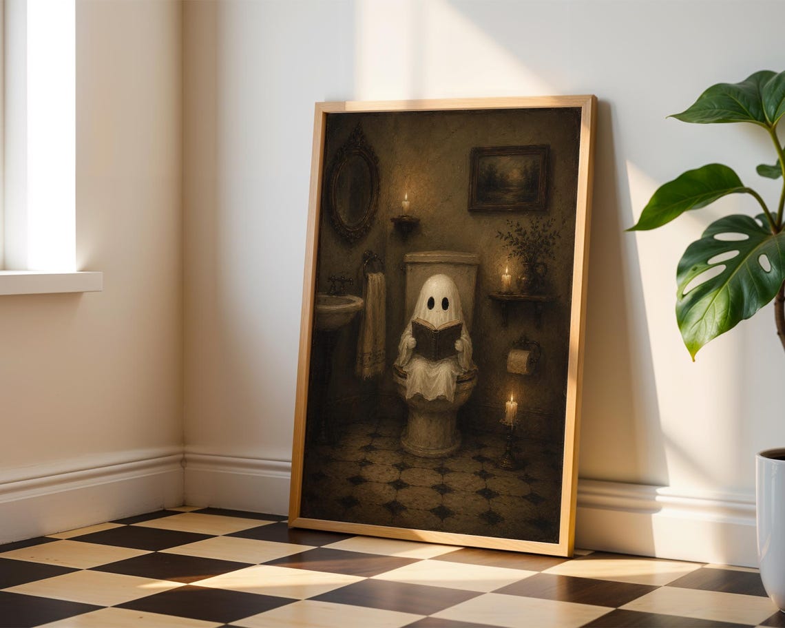 Ghost On Toilet Wall Art Funny Bathroom Decor Vintage Halloween Print Cute Spooky Above Artwork - Image 5