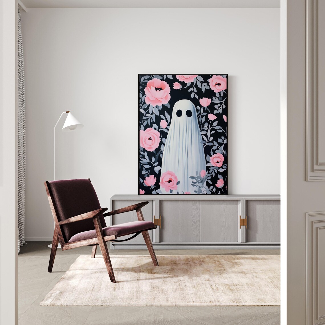 Cute Ghost Among Pink Peonies Spooky Floral Halloween Wall Art - Image 2