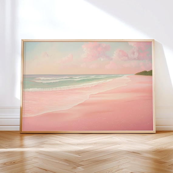Soft Pink Sand Beach Painting Gentle Waves Pastel Shore Wall Art