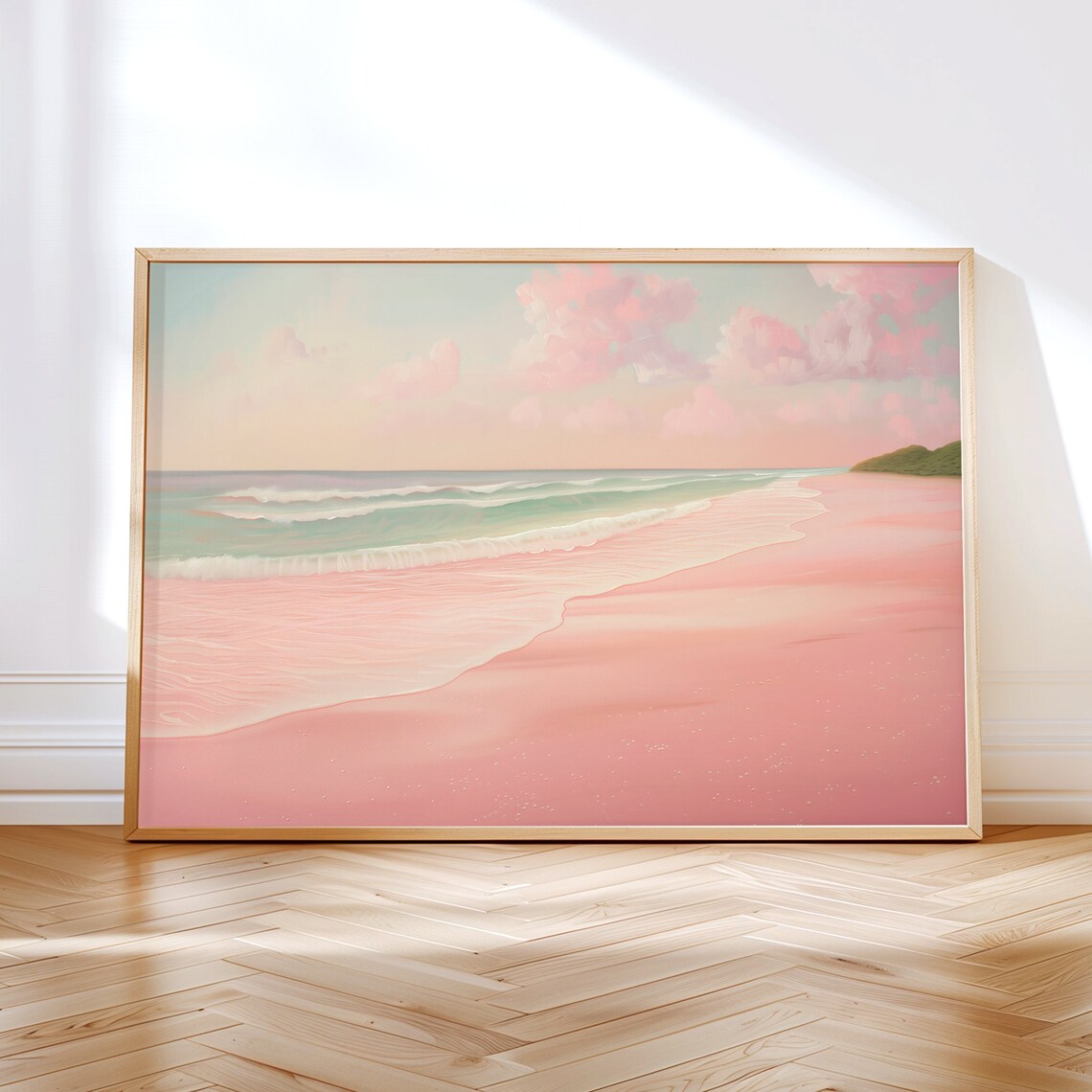 Soft Pink Sand Beach Painting Gentle Waves Pastel Shore Wall Art