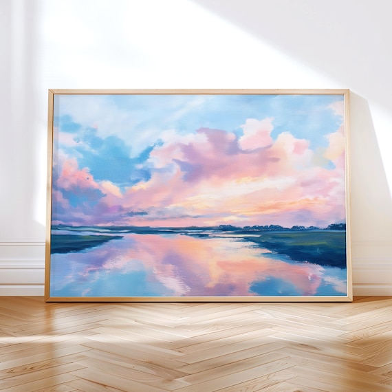 Pastel Sunset Wall Art Colorful Sky And Water Reflection Painting Landscape Print