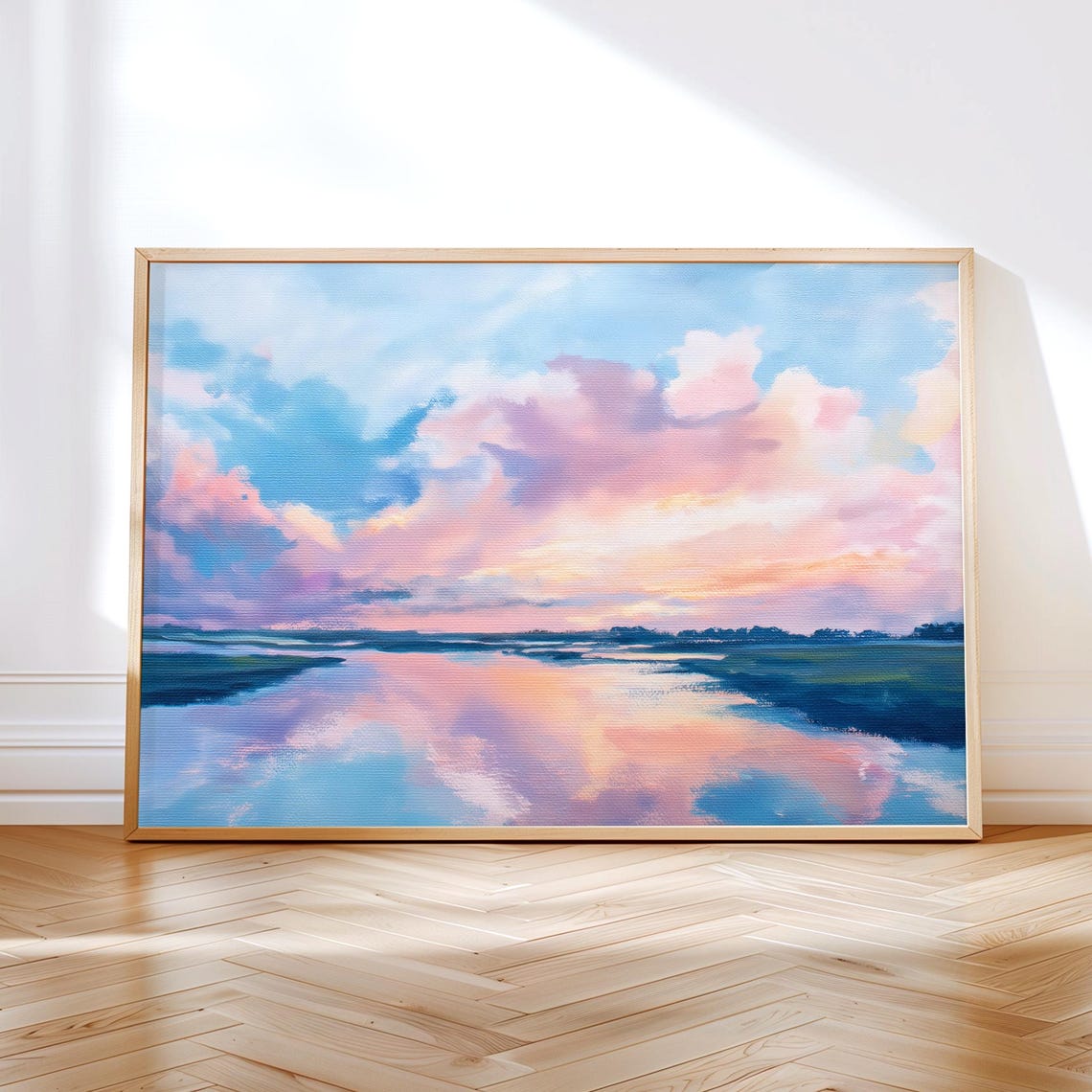 Pastel Sunset Sky Water Reflection Serene Lake Landscape Poster