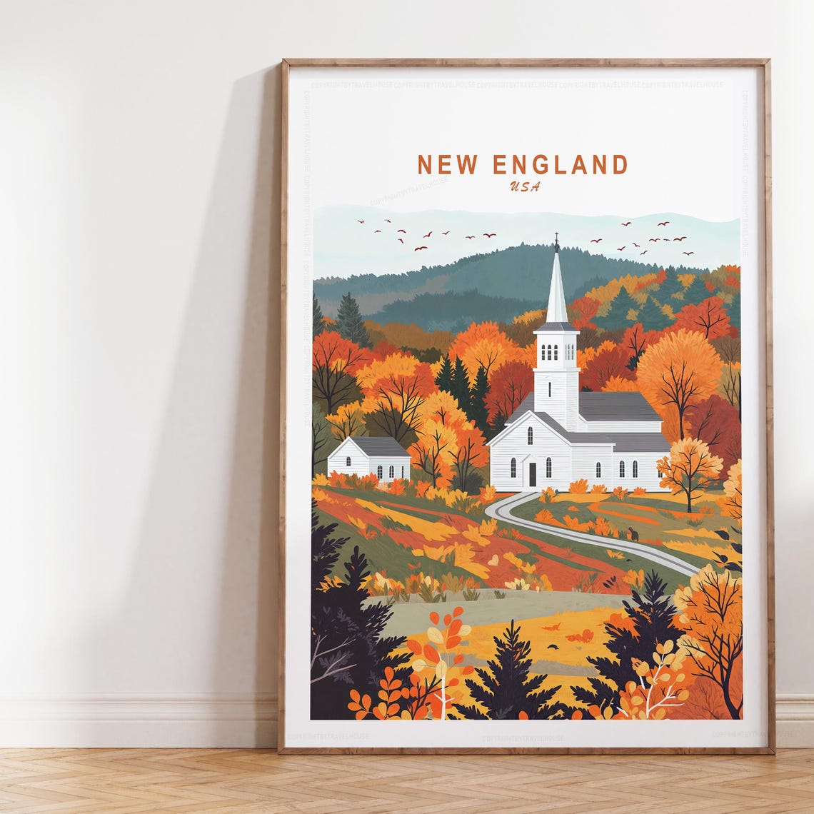 New England Fall Foliage White Church Autumn Travel Art Poster