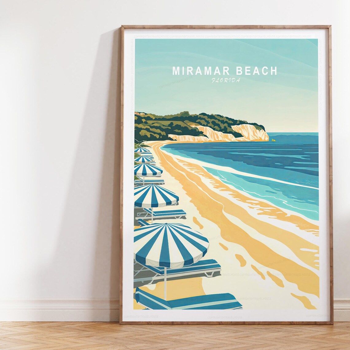 Miramar Beach Florida Striped Umbrella Coast Retro Travel Poster