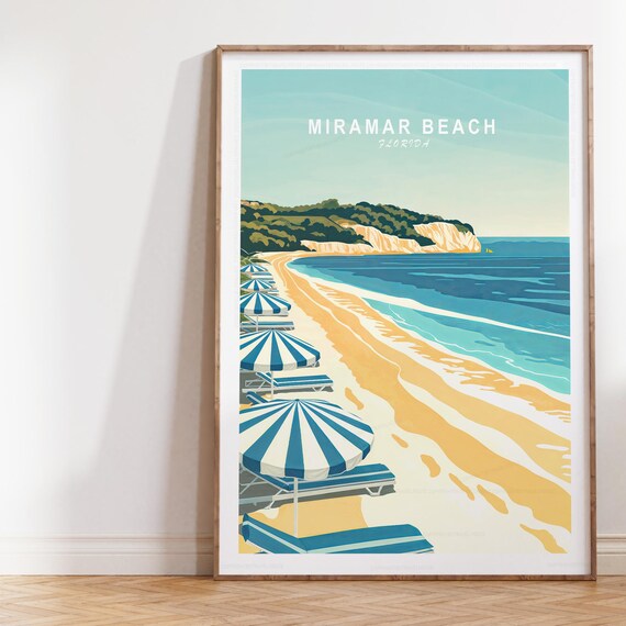 Miramar Beach Florida Striped Umbrella Coast Retro Travel Poster