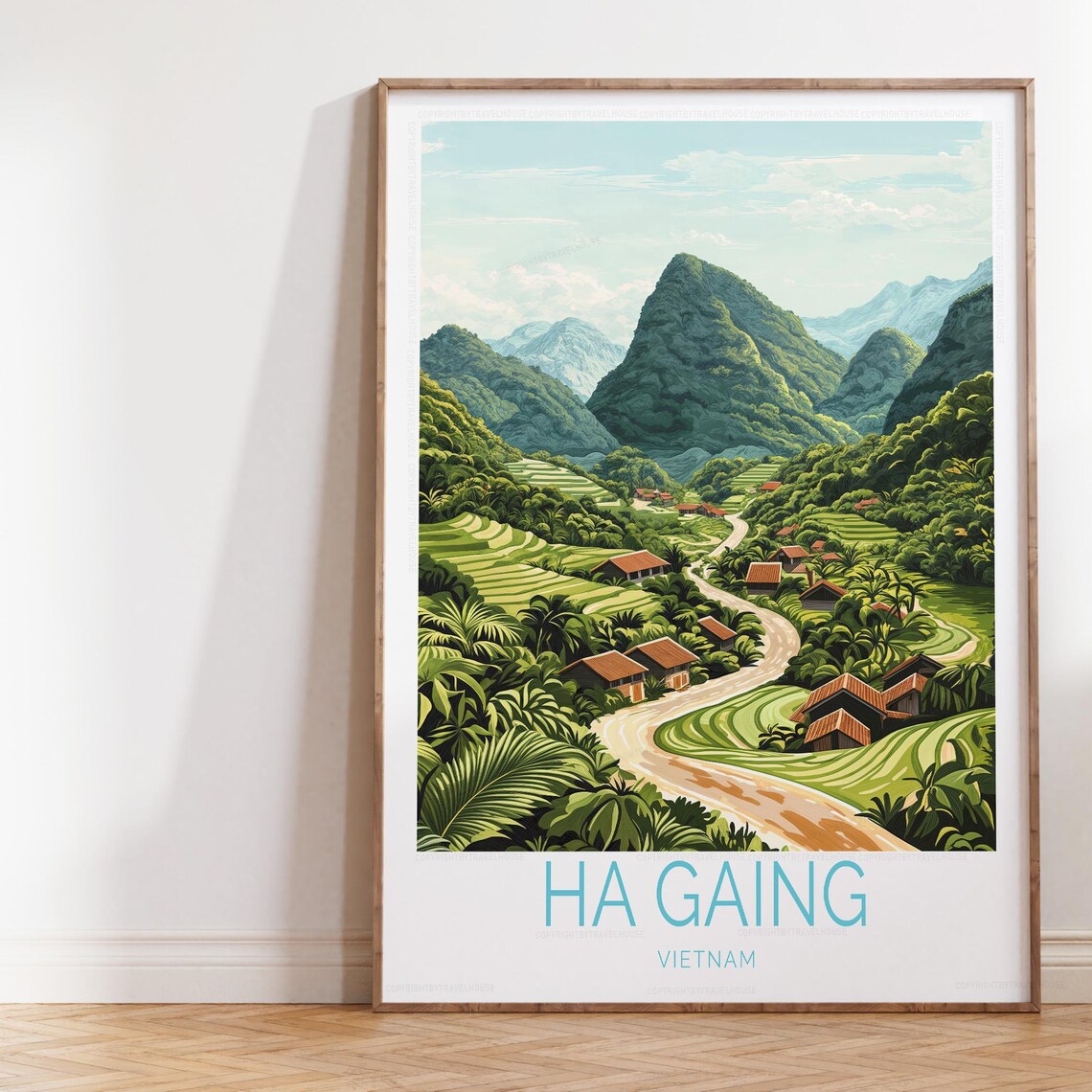 Ha Gaing Vietnam Rice Terraces Village Lettering Travel Poster