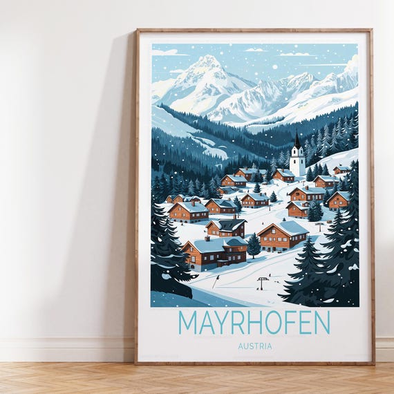 Mayrhofen Austria Winter Poster Skiing Print Wall Art Home Decor Gifts Personalised Travel