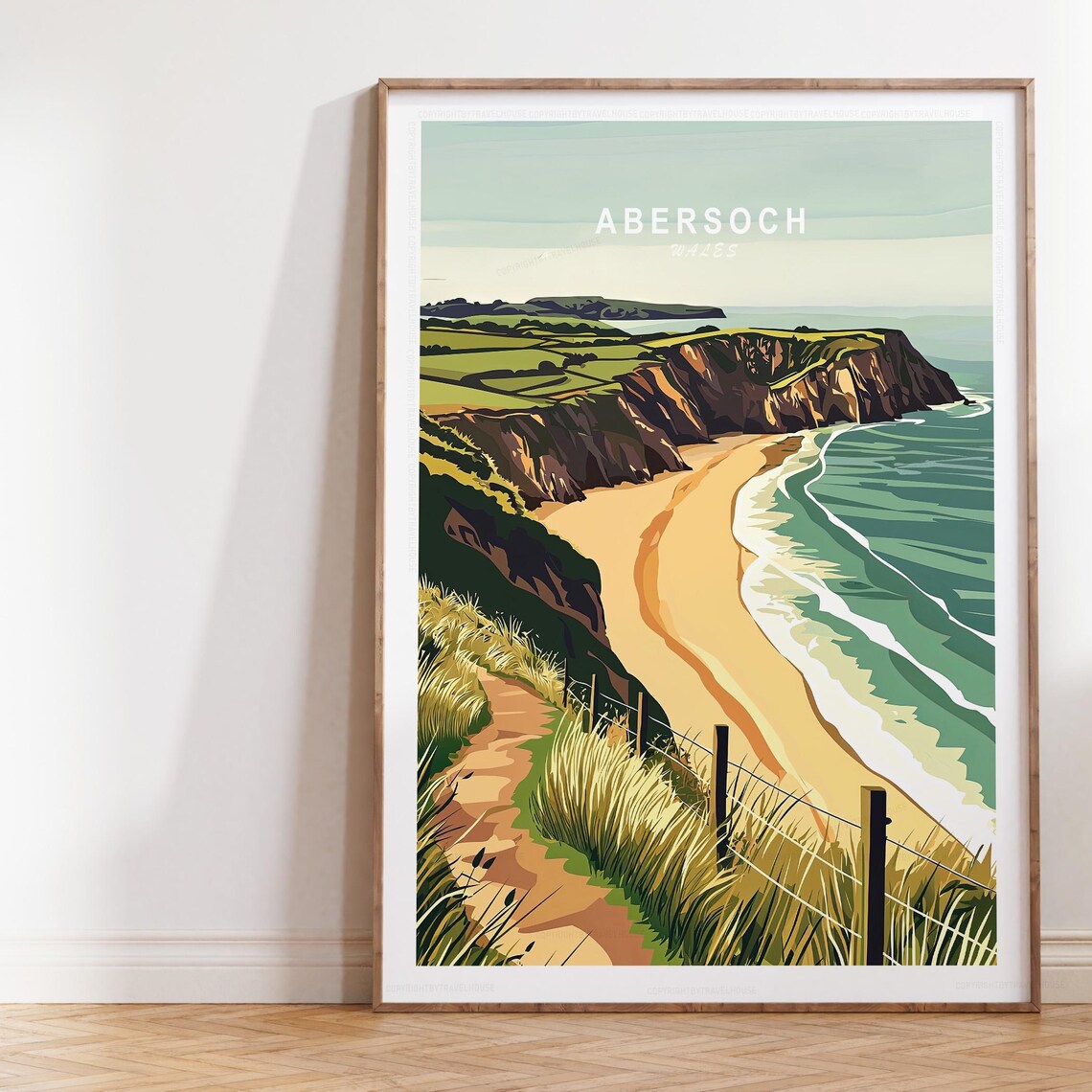 Abersoch Wales Sandy Beach Cliffs Vintage Coastal Travel Art Poster