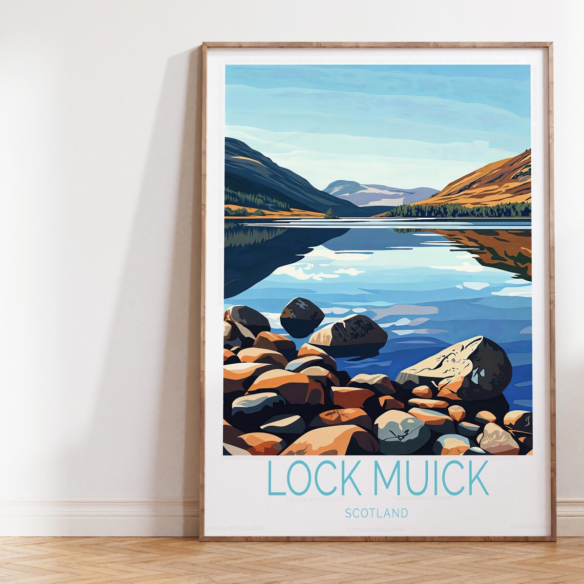 Lock Muick Scotland Still Lake Golden Hills Travel Art Poster