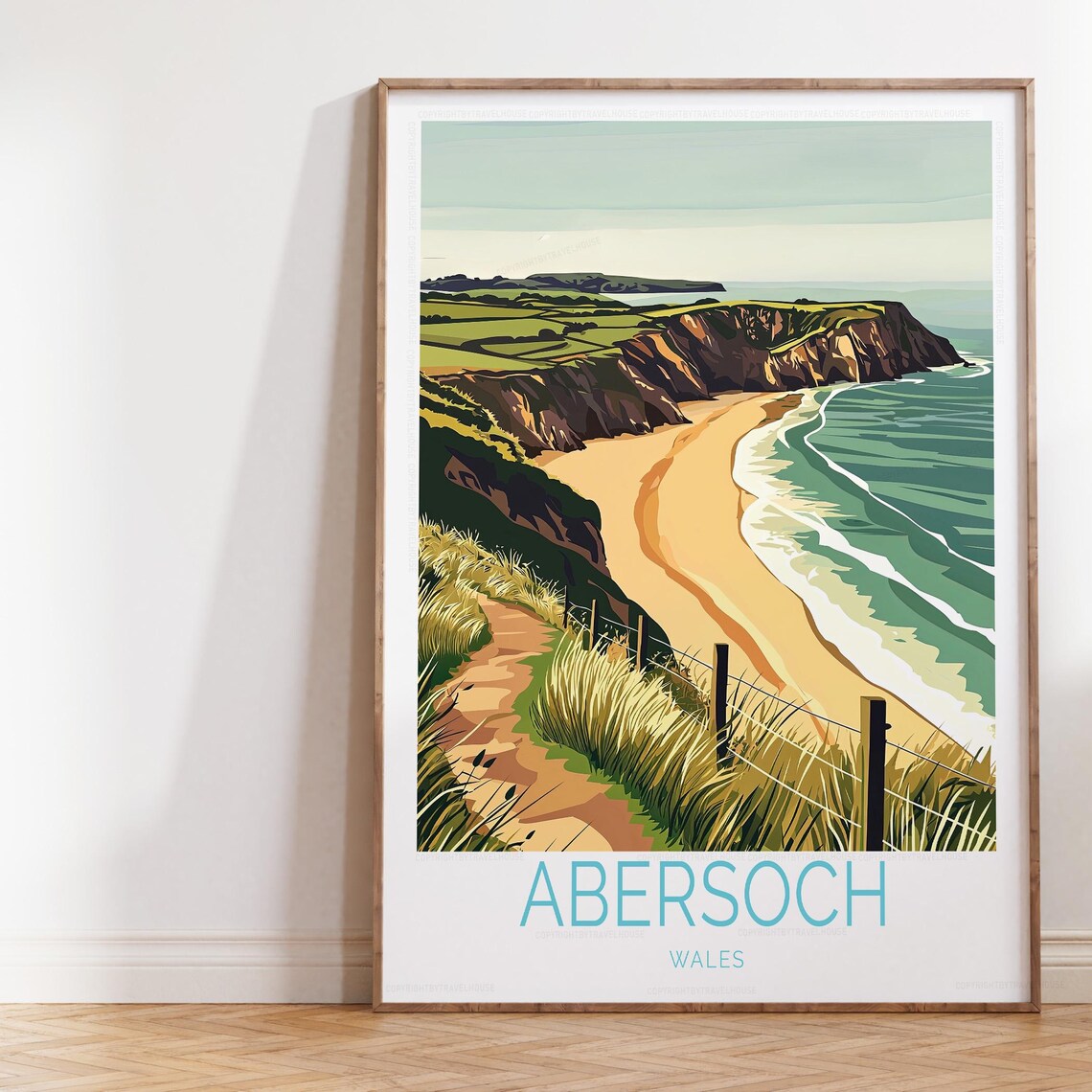 Abersoch Wales Golden Beach Cliffs Bold Title Travel Art Poster