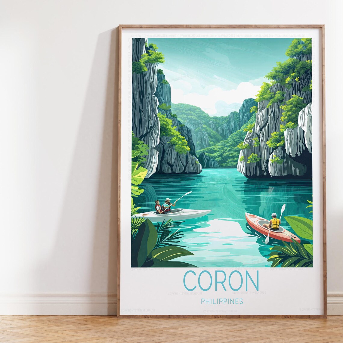 Coron Philippines Kayakers Limestone Lagoon Cliff Canyon Travel Poster