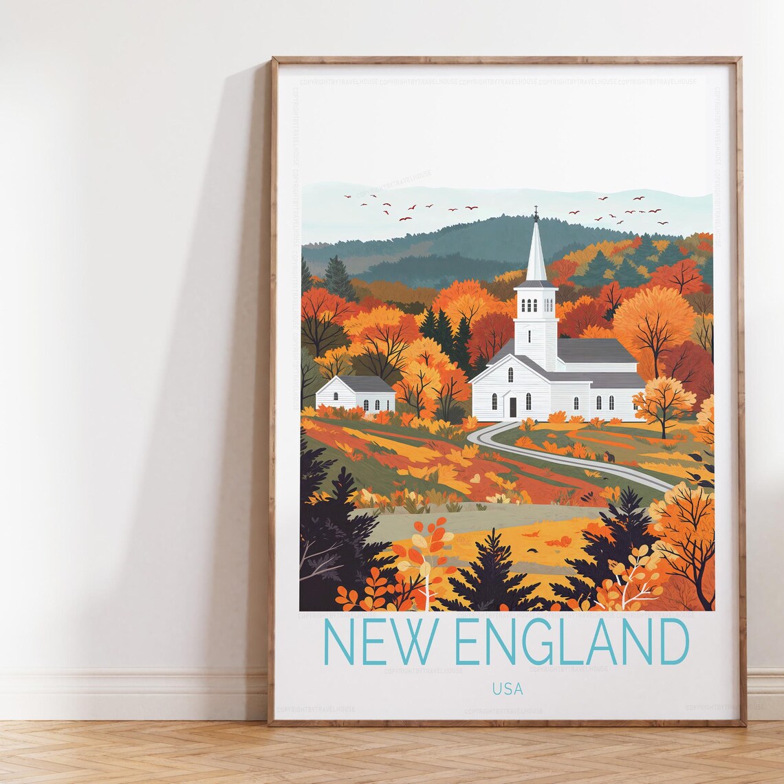 New England USA Autumn Poster White Church Fall Foliage View