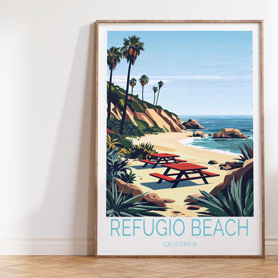 Refugio Beach California Travel Poster Sandy Cove Palm Cliffs