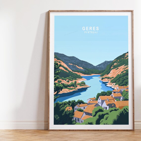 Geres Portugal Winding River Valley Mountain Village Travel Poster