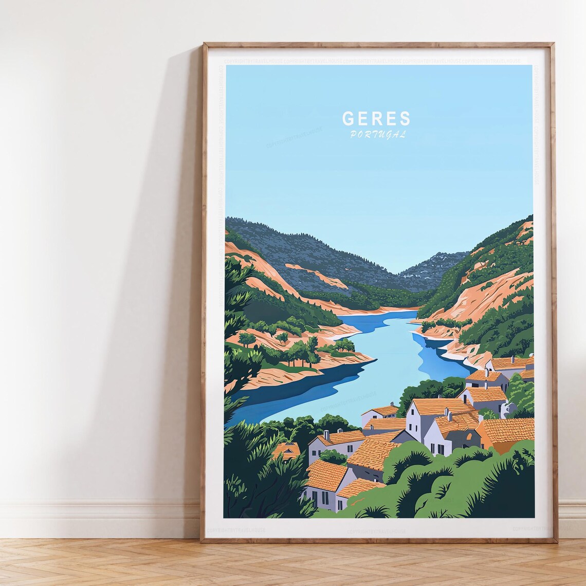 Geres Portugal Winding River Valley Mountain Village Travel Poster