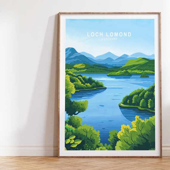 Loch Lomond Scotland Green Hills Island Waters Retro Travel Poster