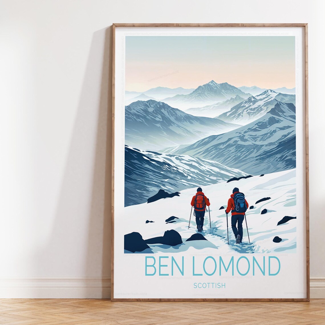 Ben Lomond Scotland Snowy Peaks Hikers Bold Title Travel Art Poster