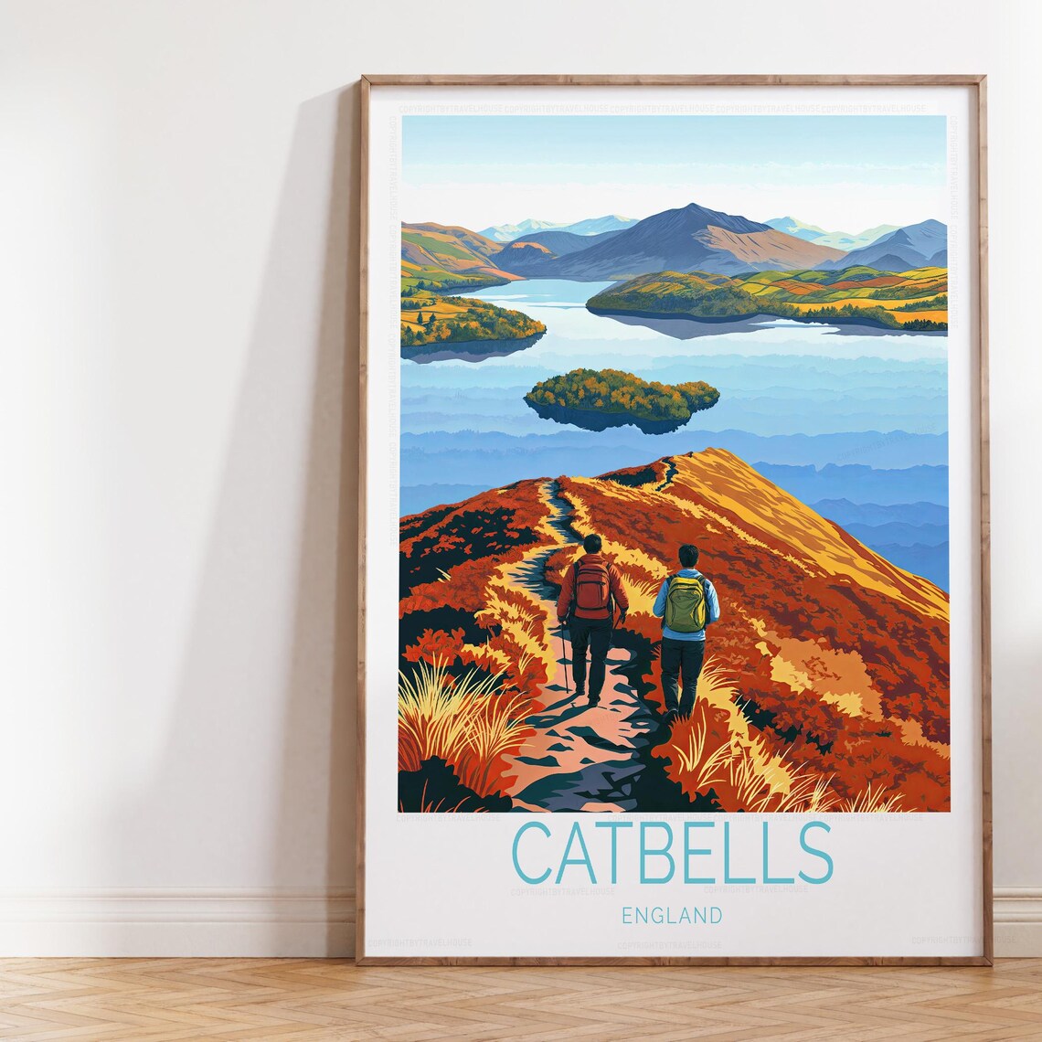 Catbells Lake District Hikers Sunset Ridge Walk Travel Poster