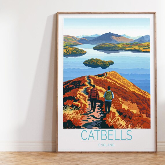 Catbells Lake District Hikers Sunset Ridge Walk Travel Poster