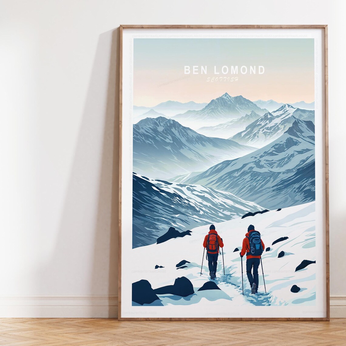 Ben Lomond Scotland Snowy Hikers Classic Highland Travel Art Poster