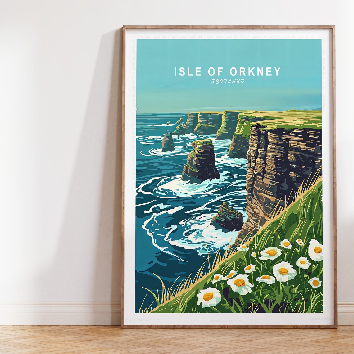 Isle of Orkney Scotland Sea Cliffs Daisies Vintage Travel Poster