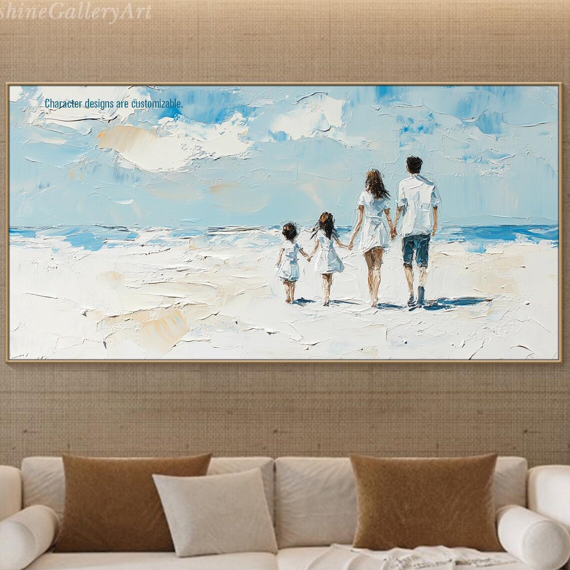 Customizable Family Of Four Walking On Sunny Beach Art Poster