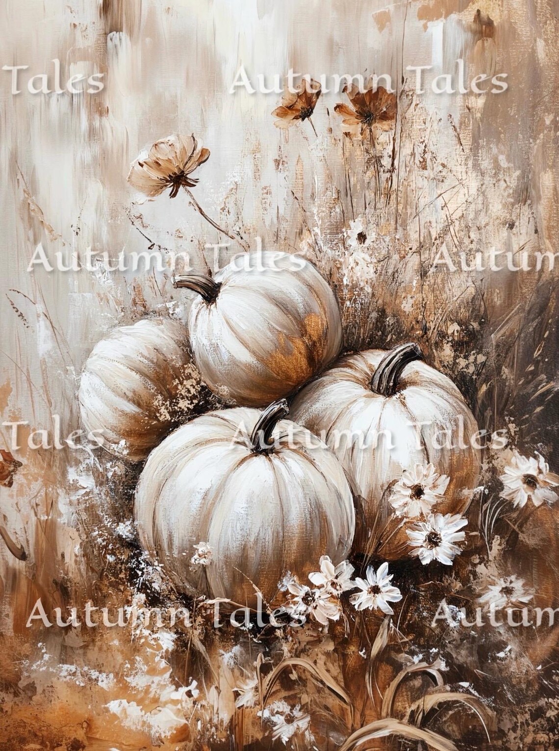 Autumn Tales White Pumpkins Wildflowers Fall Still Life Neutral Farmhouse Print - Image 2