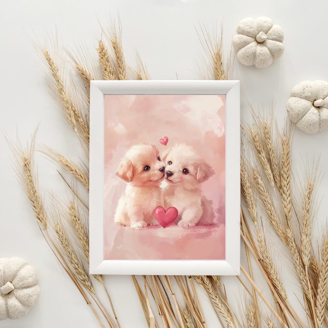 Two White Puppies Red Hearts Pink Background Puppy Love Poster - Image 4