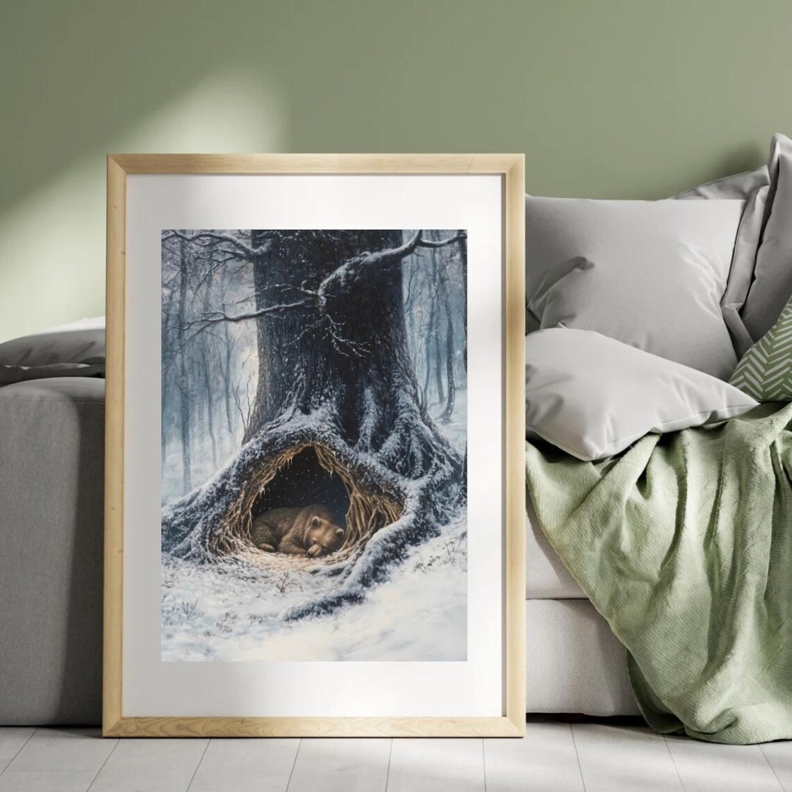 Sleeping Bear Resting Under Snowy Tree Roots Winter Forest Wall Art Poster - Image 4