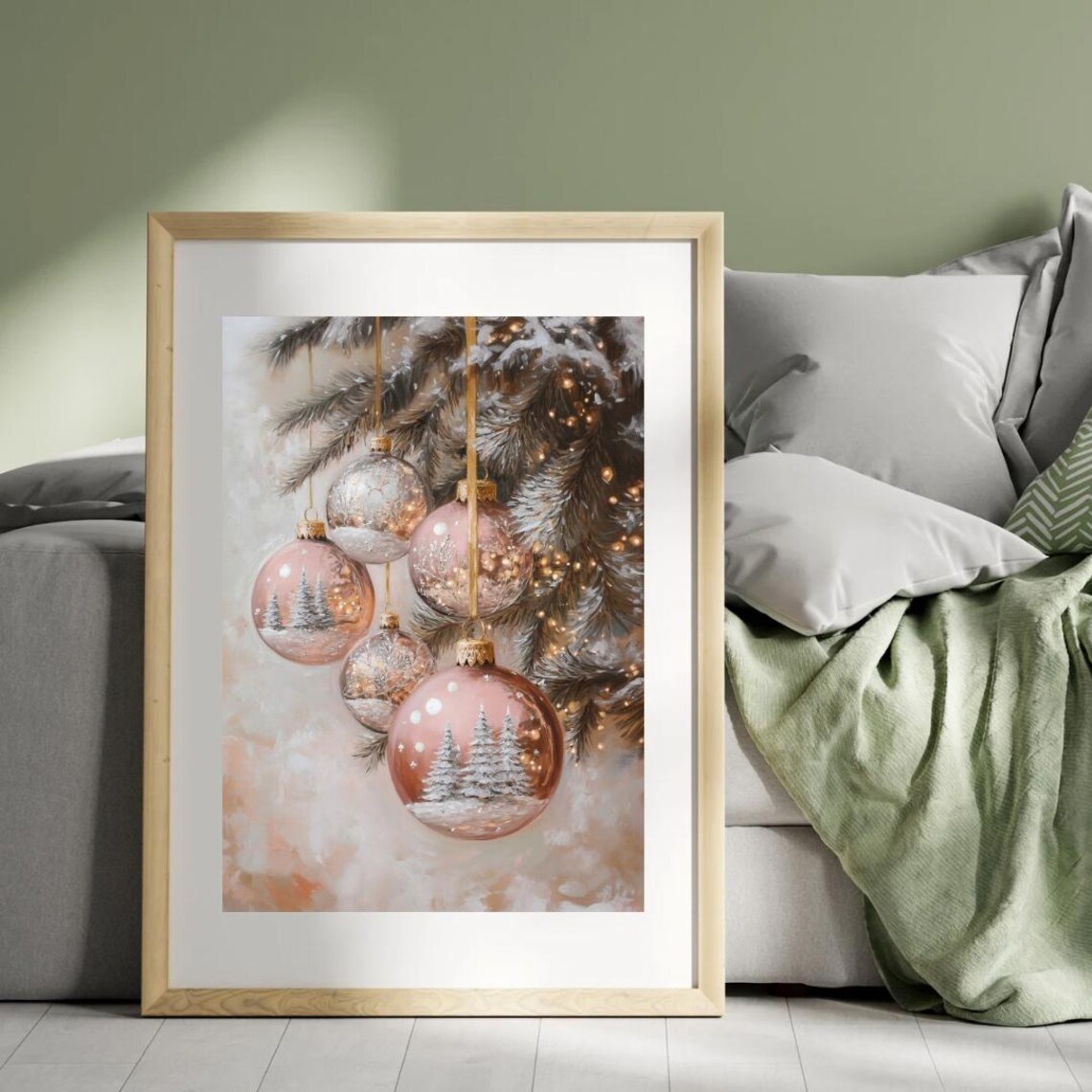 Vintage Christmas Ornaments Art Print, Pink Rose Gold - Image 3