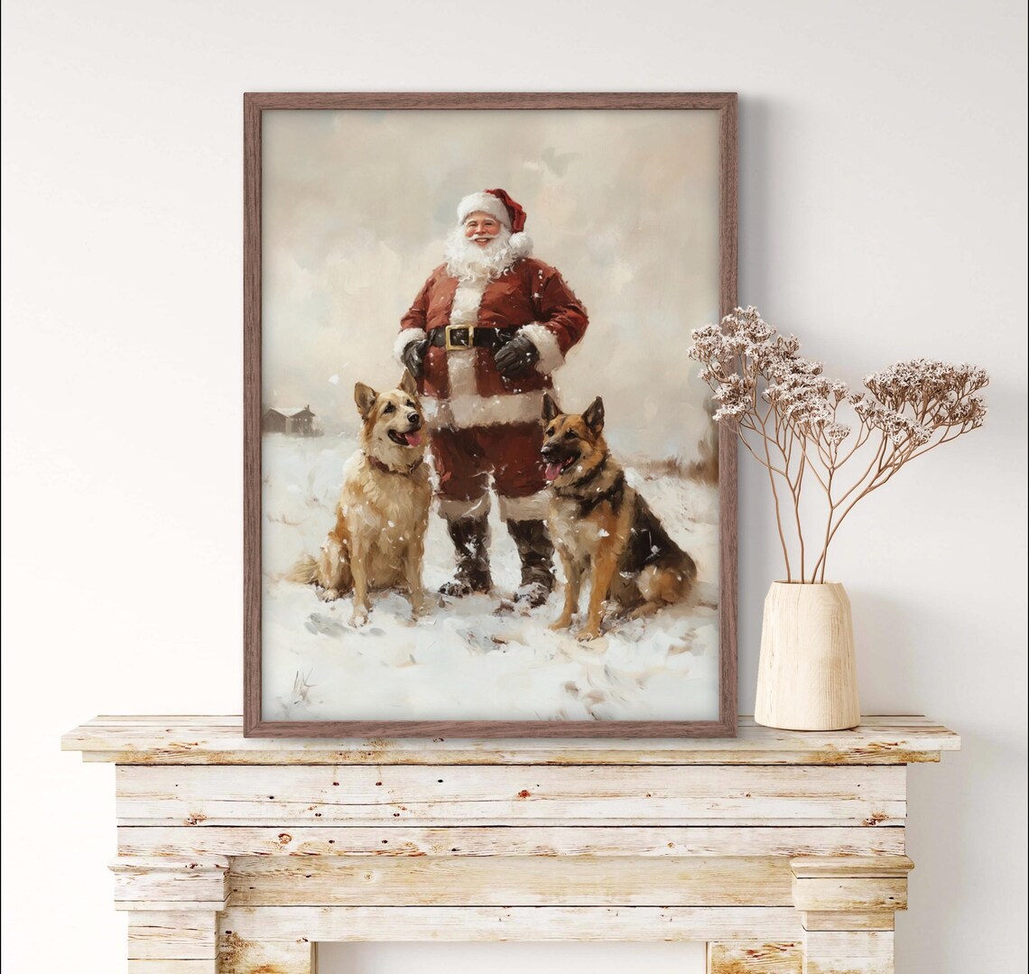 Vintage Santa Two German Shepherd Dogs Art Print - Image 3