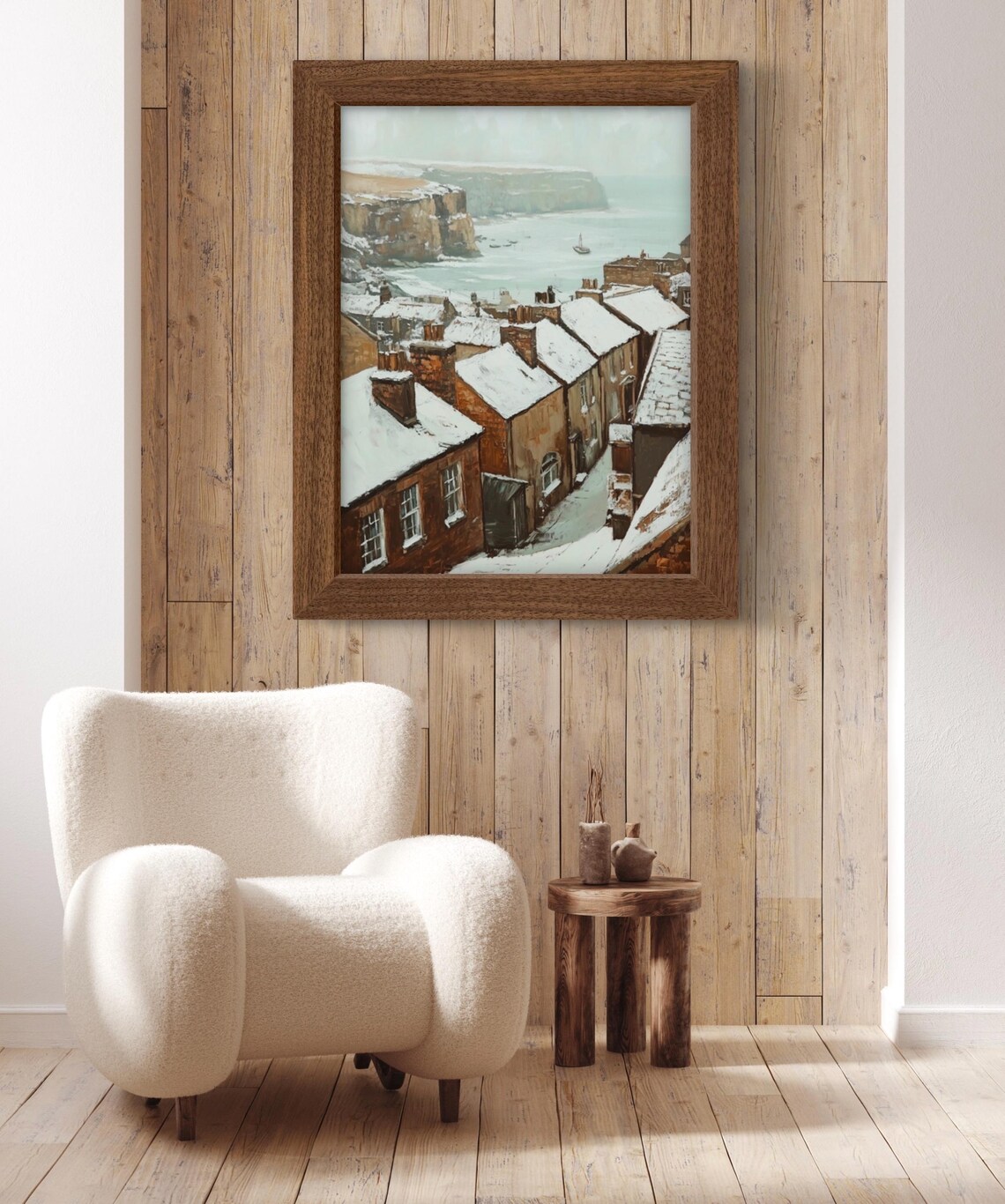 Old English Fishing Village in Snow with Coastal Cliffs Vintage Wall Art Poster - Image 2
