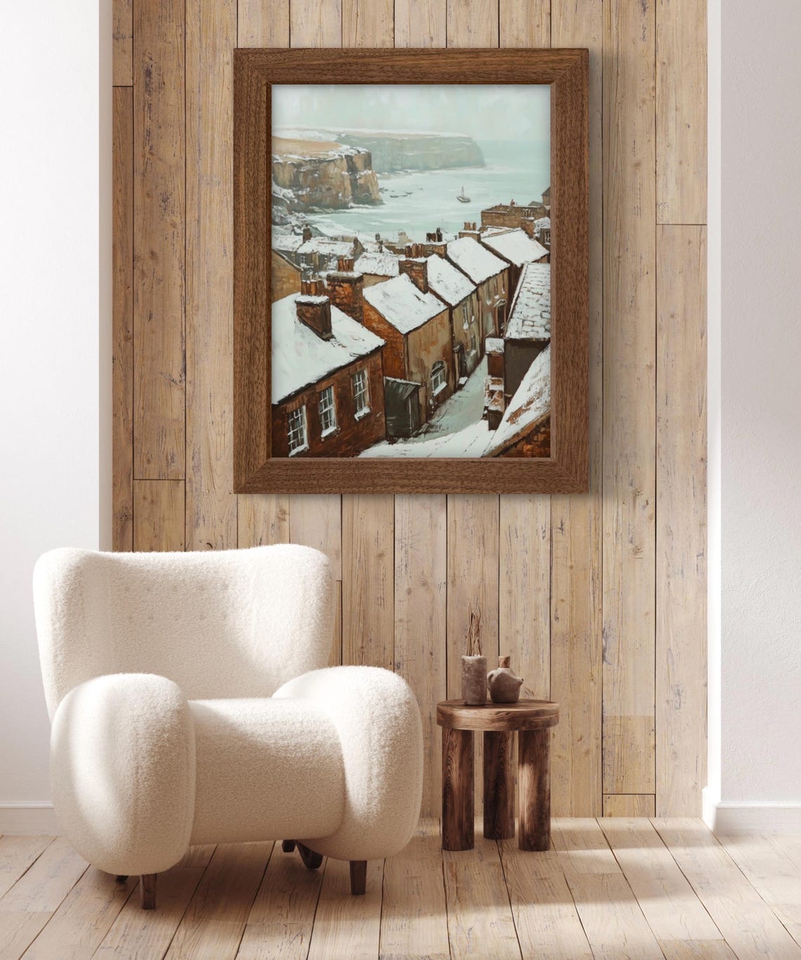Vintage Fishing Village In Yorkshire Wall Art Print Of Old English Village In Winter Snow Covered Coastal Cliff - Image 2
