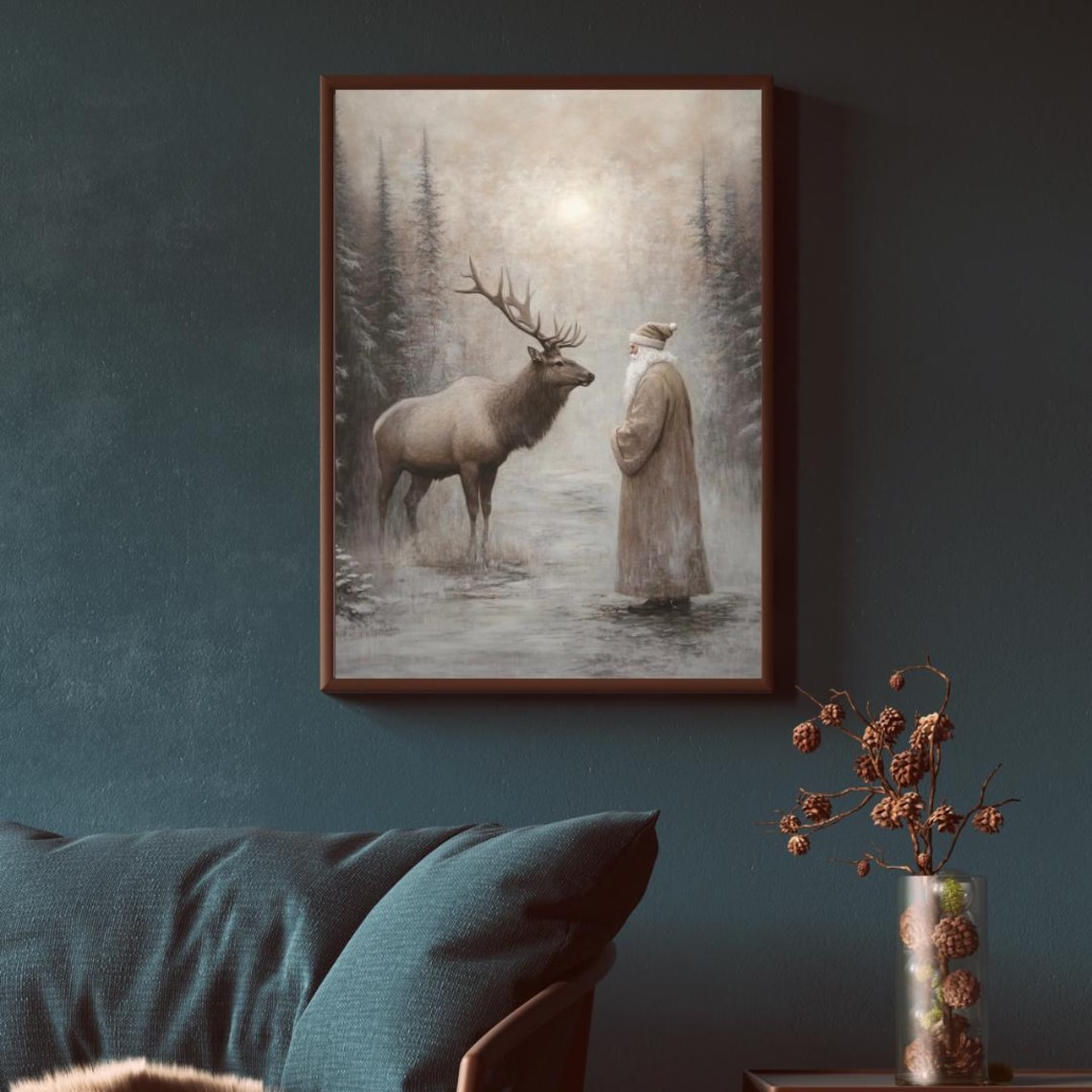 Moody Santa Reindeer Christmas Forest Snowfall Art Print - Image 2