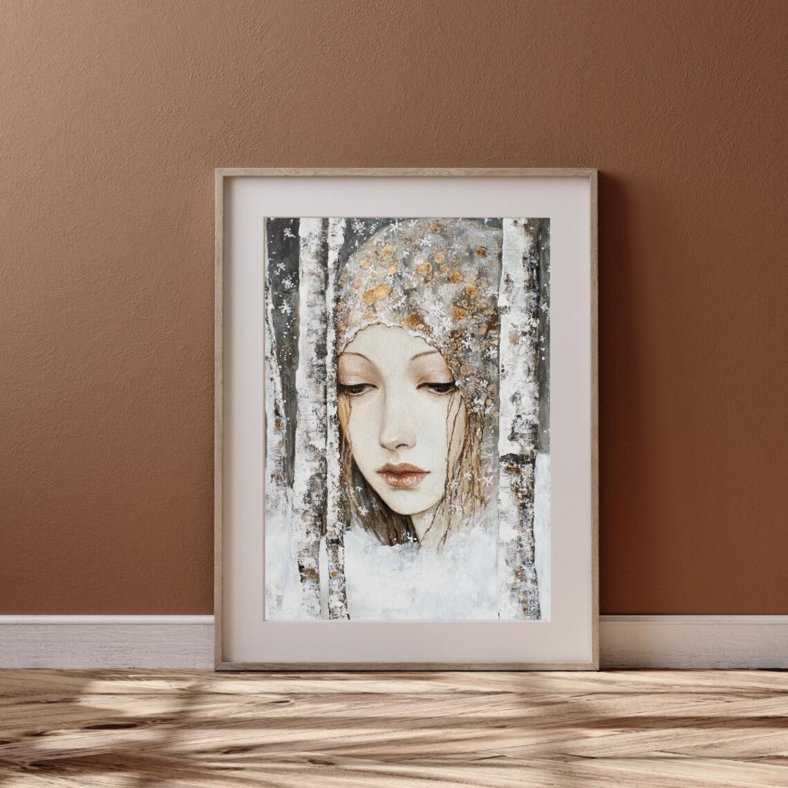 Winter Woman Portrait Emerging from Snowy Birch Forest Klimt Inspired Wall Art - Image 6