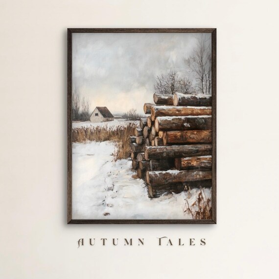 Moody Vintage Winter Wall Art Snowy Farm With Wood Lumbers And Barn Landscape Farmhouse Seasonal Wall Decor