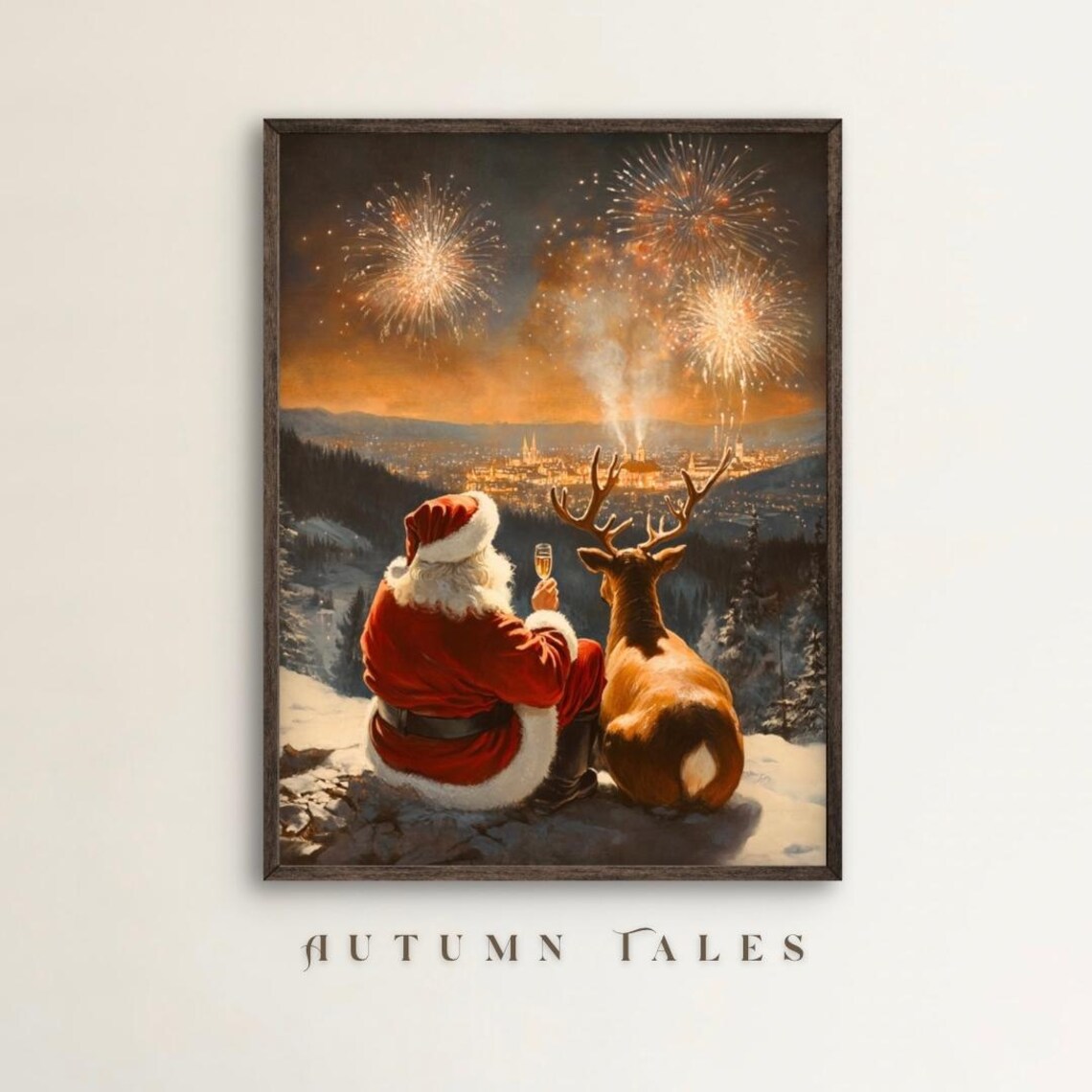 Santa Reindeer Celebrating New Year Art Print