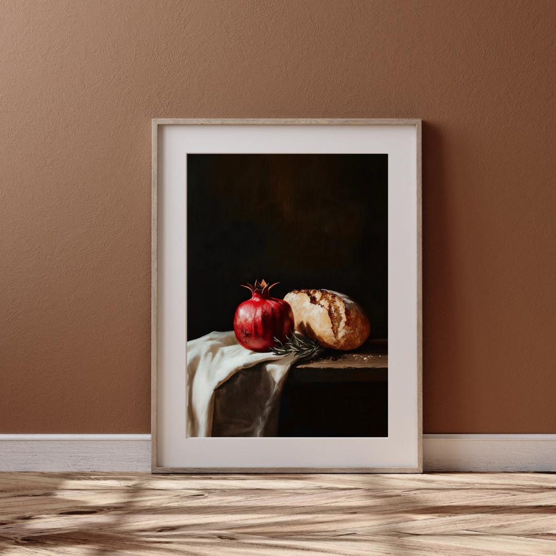 Pomegranate And Sourdough Bread Loaf Dark Rustic Still Life Art Poster - Image 6