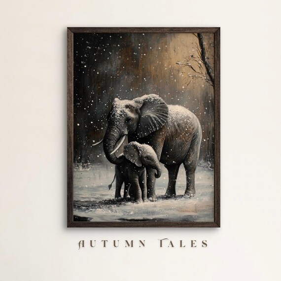 Elephant And Her Baby In Winter Night Wall Art Print Moody Winter Forest Wildlife Cute Baby Elephant Under Snow