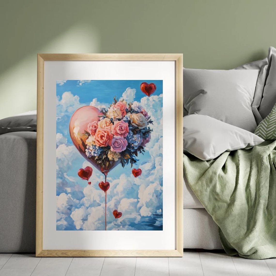 Floral Heart Hot Air Balloon Cloudy Blue Sky Romantic Art Poster - Image 5