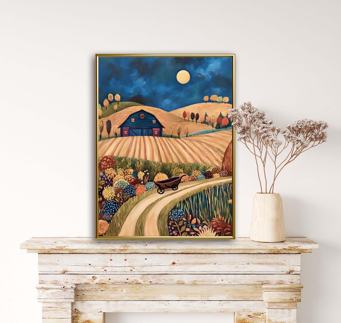 Moonlit Folk Art Night Farm With Blue Barn And Flowers Art Print - Image 2
