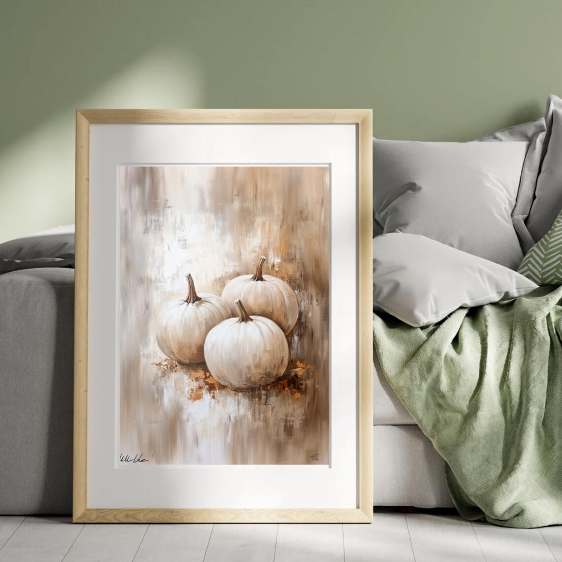 Three White Pumpkins Minimalist Still Life Neutral Beige Autumn Wall Art - Image 3