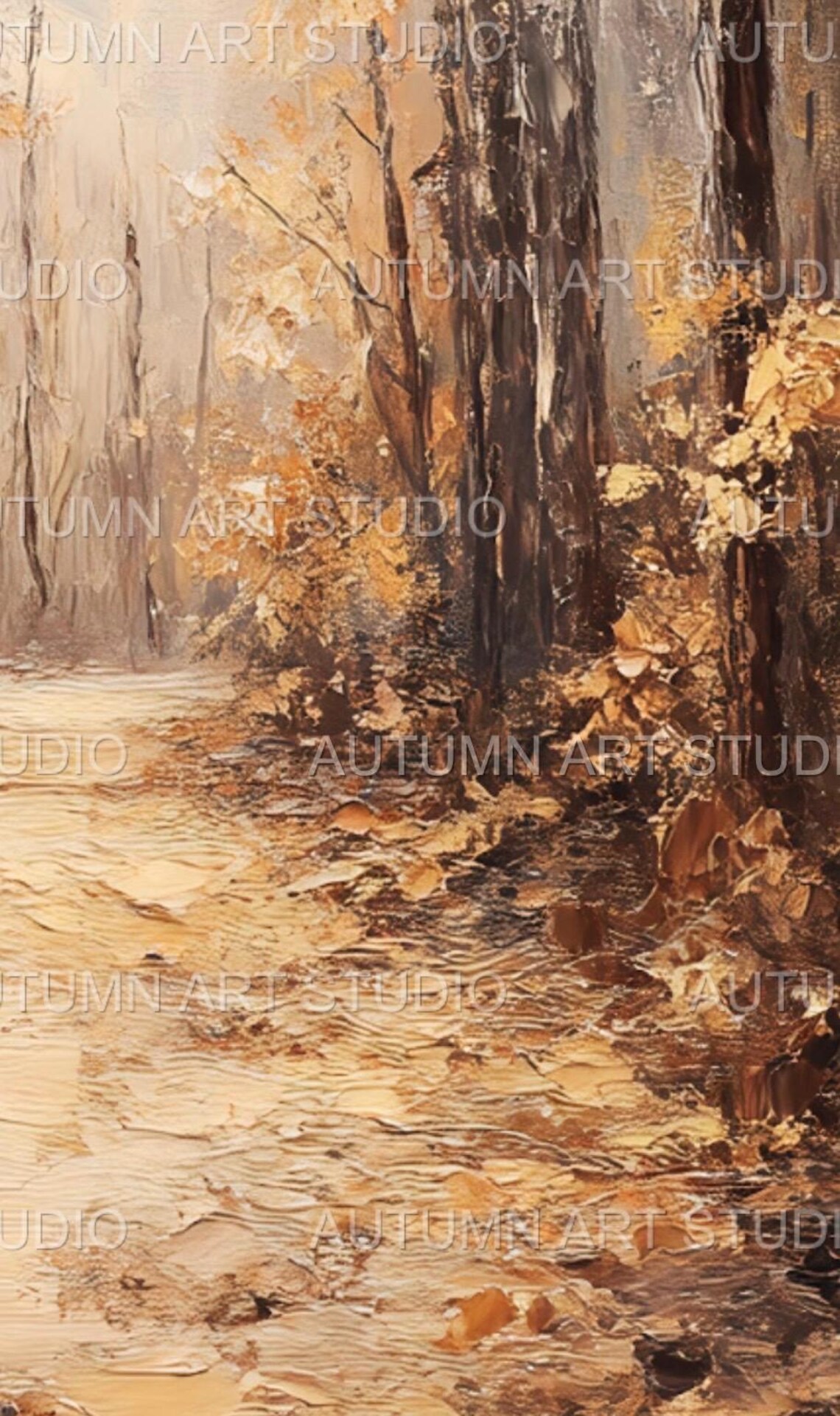 Glowing Sunlit Golden Autumn Forest Path Oil Painting Art Print - Image 2
