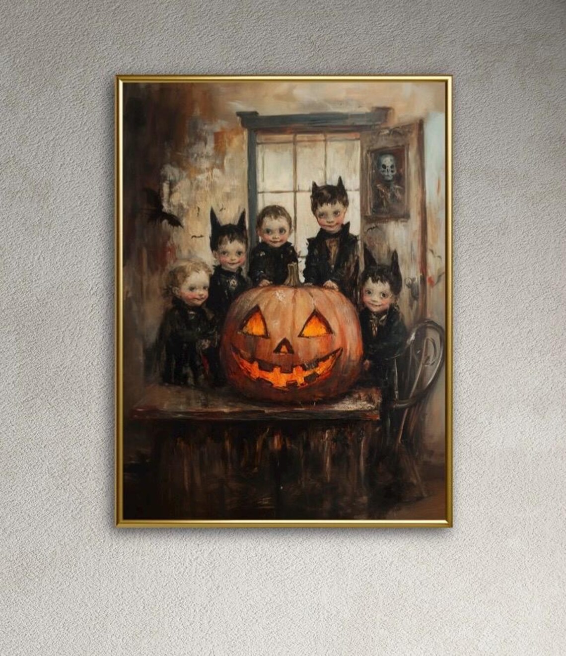Vintage Kids In Bat Costumes With Giant Glowing Jack O Lantern Halloween Poster - Image 4