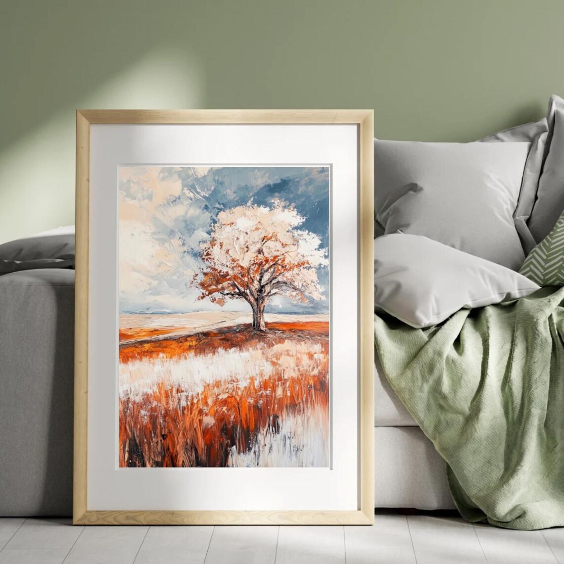 Lone Autumn Tree In Snowy Orange Field Abstract Impressionist Wall Art Print - Image 6