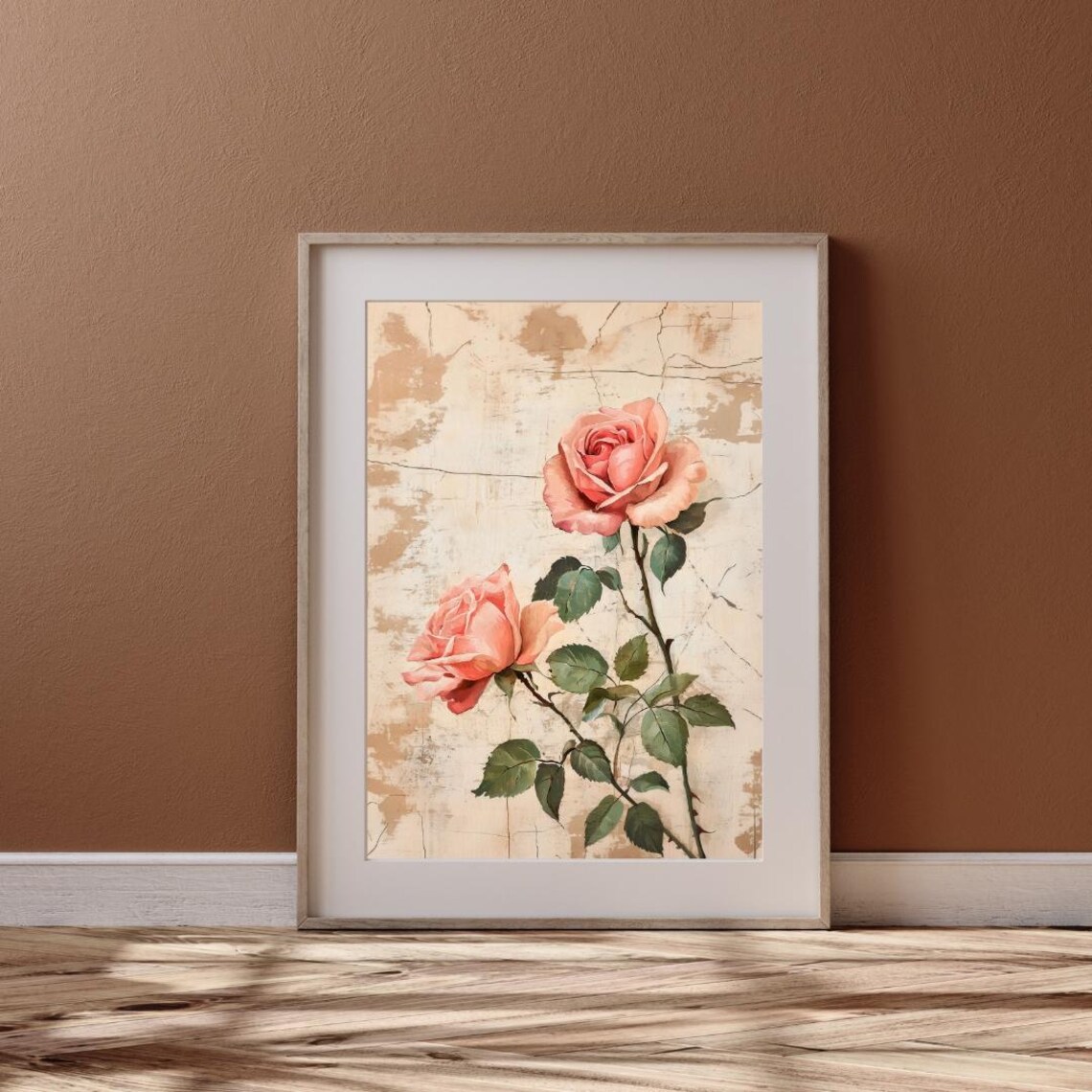 Vintage Pink Roses Botanical Illustration Distressed Beige Floral Poster - Image 6
