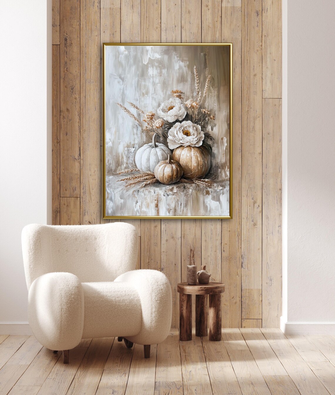 Autumn Tales White Pumpkin Peony Wheat Still Life Neutral Farmhouse Art Print - Image 3